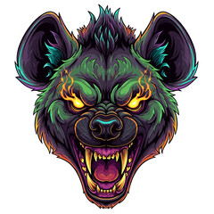 Colorful vector illustration of a hyena head with glowing eyes and bared teeth, set against a white background.
