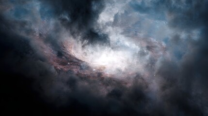 A swirling luminous galaxy formation emerges from dark dramatic clouds showcasing vibrant cosmic gas and dust