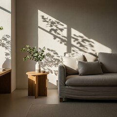Sunlit minimalist living room with grey sofa and dappled leaf shadows on the wall.
