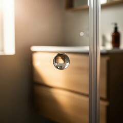 Sunlit modern bathroom interior with focus on a glass shower door handle.