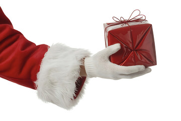 Santa claus hand holding a red gift isolated on transparent background