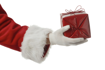 Santa claus hand holding a red gift isolated on transparent background