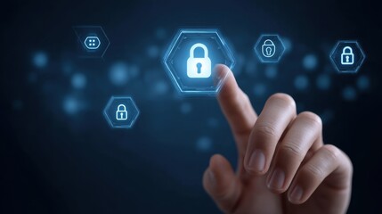Digital Secure Management Interface with Hovering Lock Icons and Finger Touch Interaction in a Dark Background