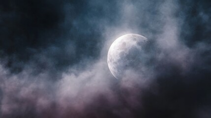 A detailed luminous full moon with visible craters emerges from ethereal swirling misty clouds in the deep dark atmospheric night sky