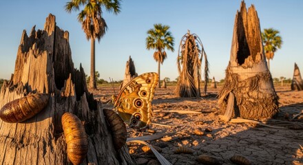 Butterfly metamorphosis in a desolate landscape a symbolic representation of nature's resilience