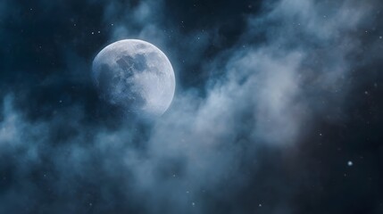 A luminous full moon emerges from dark misty clouds in a starry night sky creating a mysterious and ethereal atmosphere