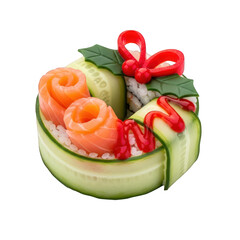 Festive sushi wreath with salmon and cucumber rolls on transparent background