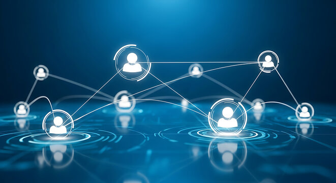 A glowing network of interconnected people icons on a blue background, representing social media, communication, and digital connection in the modern world