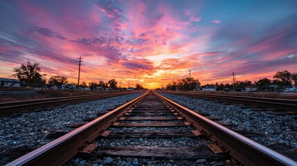 Fototapeta premium Tranquil Sunset Over Empty Railroad Tracks with Vibrant Sky Colors and Distant Trees in Early Evening Light