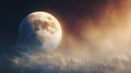 A luminous moon emerges from swirling clouds and atmospheric haze under warm golden light