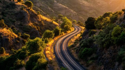 Naklejka premium Scenic View of Curving Railway Track Through Lush Green Hills During Sunset in a Serene Natural Landscape with Soft Golden Light