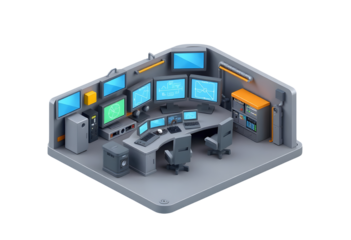 Futuristic isometric command center with multiple monitors and control panels isolated on transparent background