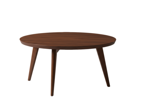 Minimalist round dark walnut wooden coffee table with a highly polished top reflecting light and elegant tapered legs, on a seamless transparent background with copy space, concept of contemporary