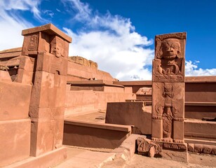 Ancient sandstone structure adorned with carved faces under a brilliant blue, cloudy sky