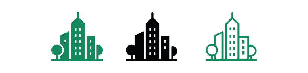 Naklejka premium green city skyline icon on white background Black silhouette flat icon outline icon and colored icon style three minimal vector icon style