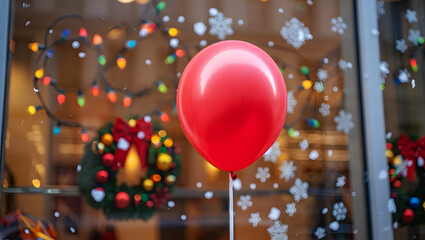 Single red balloon floats in front of a festive Christmas window display with lights and wreath