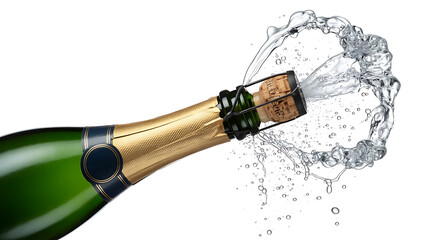 Champagne bottle popping with splashing liquid isolated on transparent background