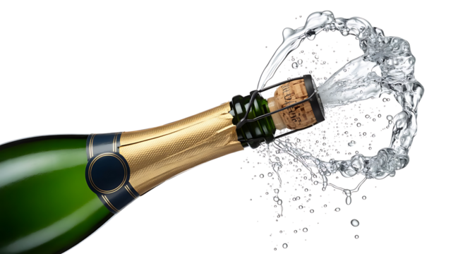 Champagne bottle popping with splashing liquid isolated on transparent background - Powered by Adobe