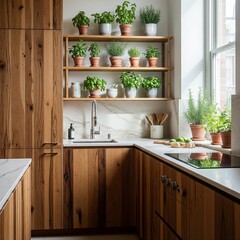 Sunlit Modern Kitchen with Rustic Wooden Cabinets and Fresh Herbs on Shelves.