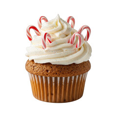 Festive cupcake with candy canes on a black backdrop on transparent background