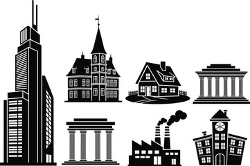 Building silhouette set, modern skyscraper, Victorian house, suburban home, classical architecture, factory design, clock tower, urban structure, city elements