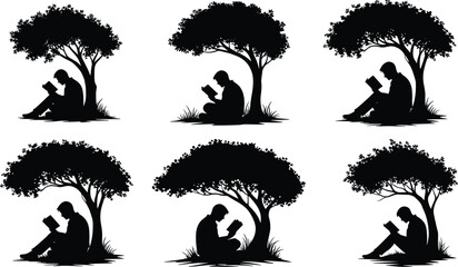 Silhouette person reading under tree, peaceful nature illustration, outdoor education concept, black vector art, knowledge learning design, contemplative scene, decorative background