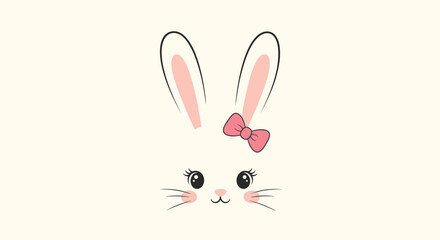 Fototapeta premium Cute cartoon bunny face with long pink ears, big eyes, tiny nose, sweet smile, delicate whiskers, and a charming pink bow.