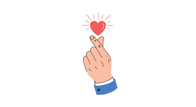 A hand making the popular Korean finger heart gesture, symbolizing love and appreciation, with a sparkling red heart above it.