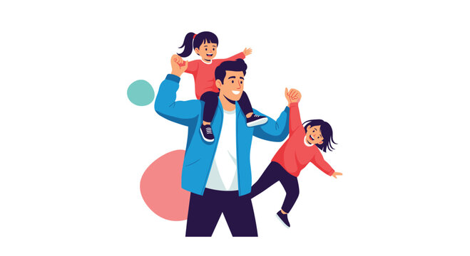 A happy father playing cheerfully with his two daughters, one on his shoulders and the other jumping while holding his hand.