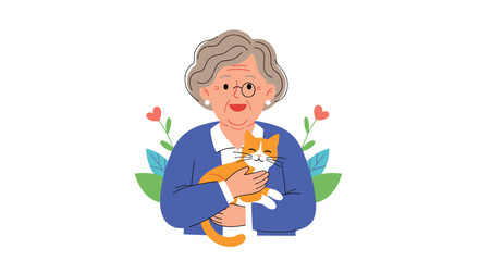 A happy elderly woman with glasses lovingly embraces her ginger and white cat, surrounded by cheerful decorative plants.