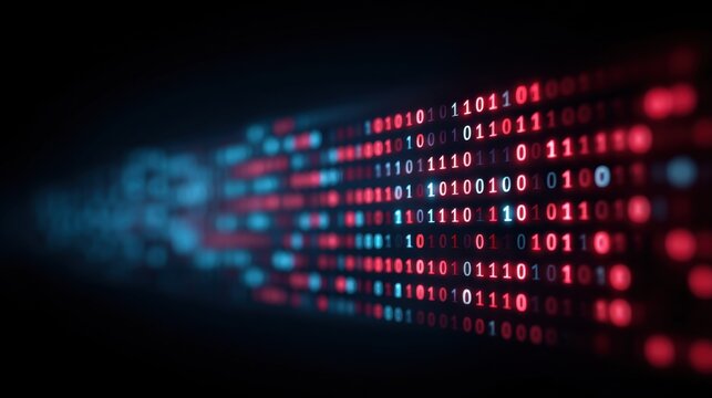 Abstract representation of digital data flow with vibrant binary code on screen showcasing the essence of cyber technology and digital information processing