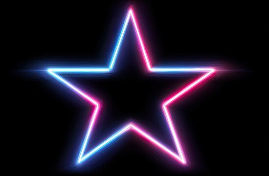 A vibrant, glowing neon star outline, blending blue and pink against a stark black background