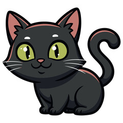 Cute Cartoon Black Cat Illustration with Green Eyes and Pink Ears