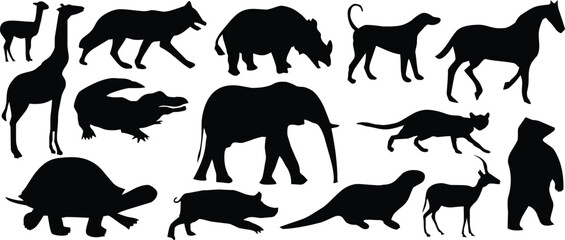 Collection of diverse animal silhouettes including a giraffe, wolf, elephant, and bear