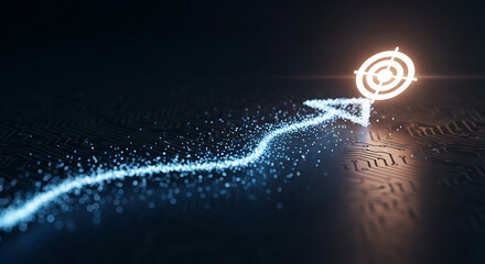 An arrow made of glowing particles pointing towards a target, representing goal achievement, success, and the path to reaching objectives in business and personal development