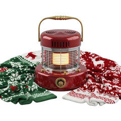 Red vintage heater with christmas themed blankets on transparent background