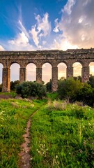 Obraz premium Ancient aqueduct spans a field with a path under a cloudy, colorful sunset sky
