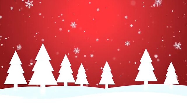 Red winter background with stylized white trees and a large snowflake, smaller flakes falling over snow ground
