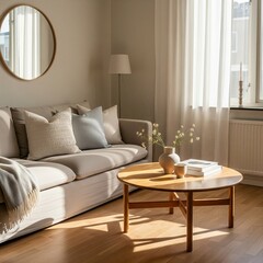 Sunlit Scandinavian living room interior with cozy sofa and wooden coffee table.