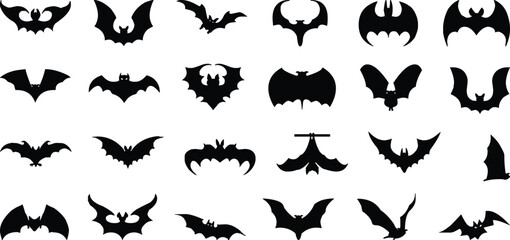 Collection of black bat silhouettes in various poses and shapes