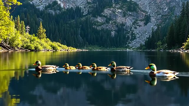 Ducks swimming peacefully in a serene mountain lake surrounded by lush green trees and rocky cliffs.