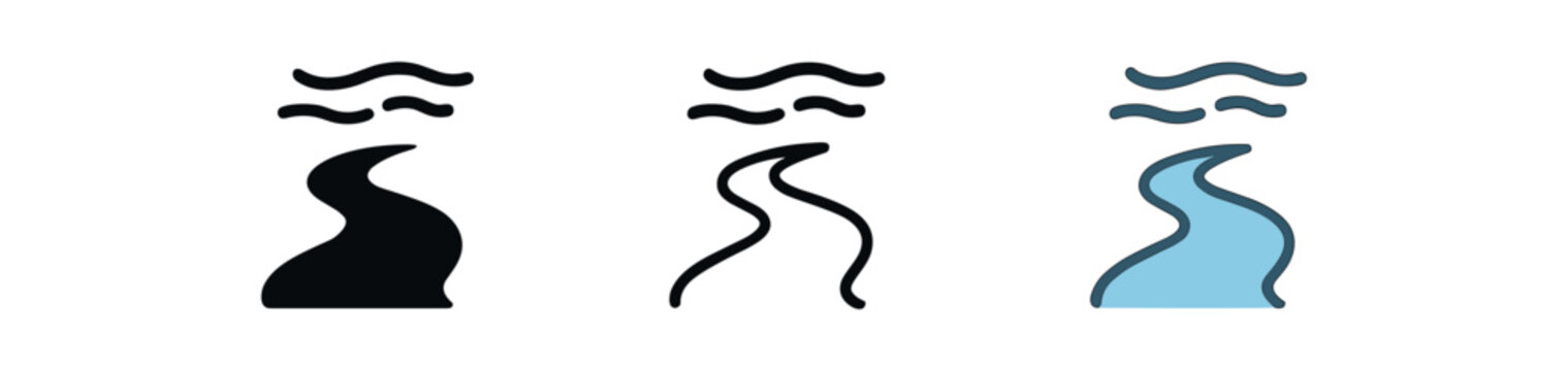 river flow calm icon on white background Black silhouette flat icon outline icon and colored icon style three minimal vector icon style