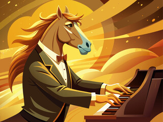An elegant horse wearing a black tuxedo plays the piano passionately, under soft golden light, expressing grace, music, and sophistication, detailed vector illustration