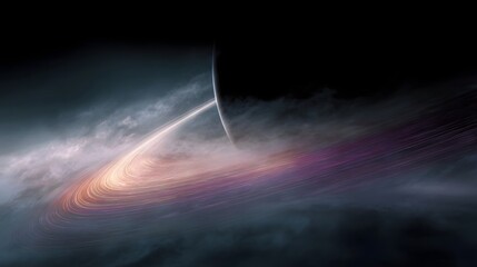 A partially obscured celestial body surrounded by a vibrant swirling accretion disk and cosmic clouds