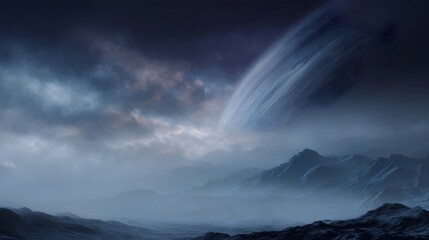 Naklejka premium Misty alien landscape with a massive planet looming in a dramatic cloudy sky