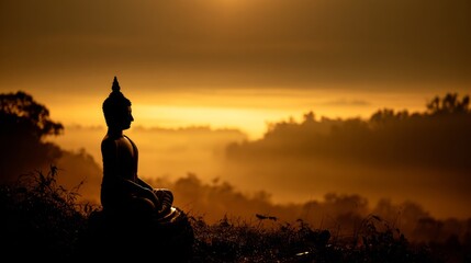 Fototapeta premium Serene Buddha Statue Silhouette Against Golden Sunrise Over Misty Landscape, Capturing Tranquility and Harmony in Nature