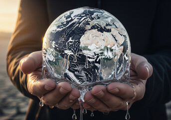 A powerful conceptual image of hands holding a melting globe, symbolizing global warming. For climate change and environmental awareness.