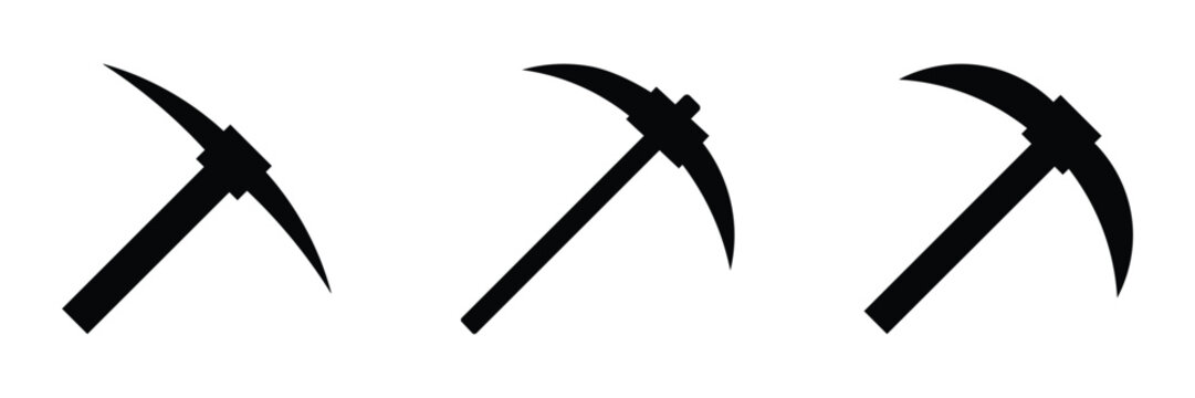 Set of silhouette pickaxe icon. Pick axe icon vector graphic designs. Mining tools icons. Flat black solid vector set. 
