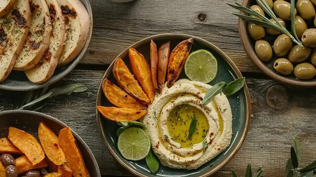 Creamy dip platter with roasted root vegetables and citrus wedges on rustic wooden surface