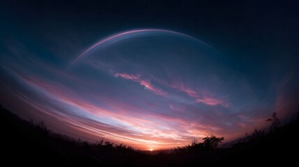 Panoramic view of a vibrant twilight sky with a luminous celestial arc colorful clouds and silhouetted horizon at dusk